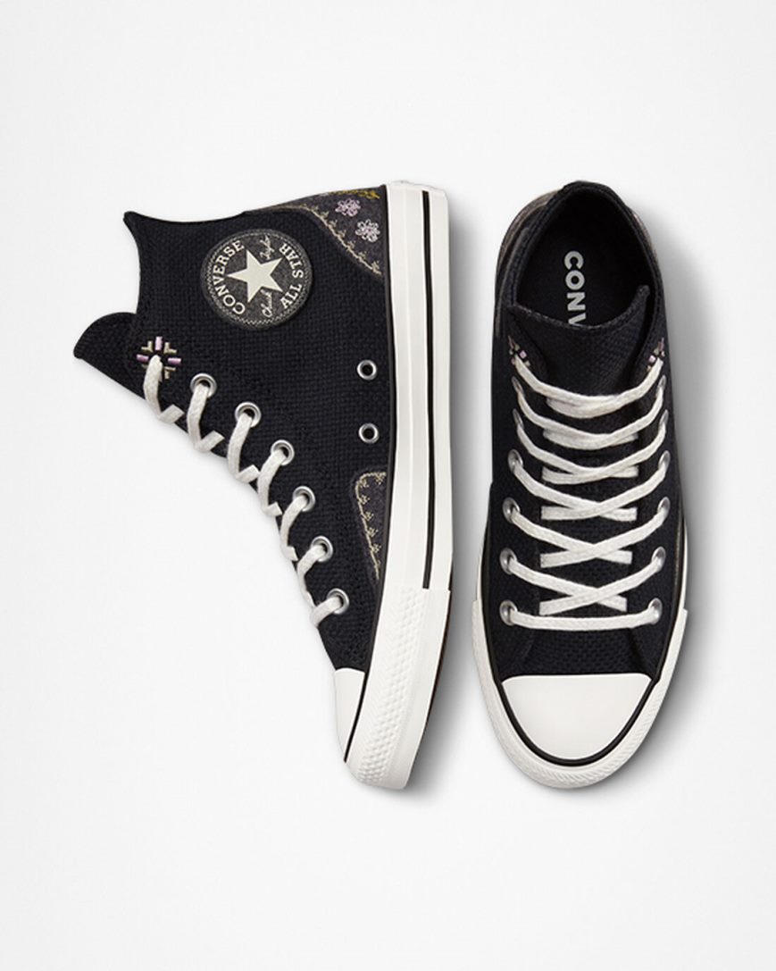 Dámské Boty Vysoké Converse Chuck Taylor All Star Autumn Embroidery Černé Růžové | CZ PUSH05